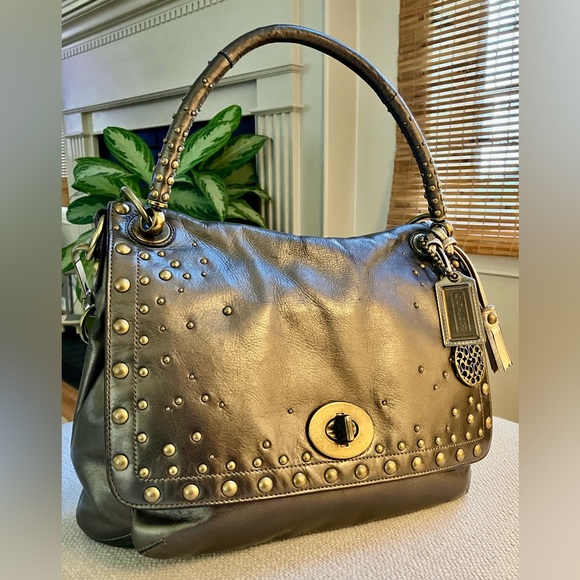 *COACH Metallic Bronze #15392 Studded Messenger Leather Bag - Picture 1 of 17